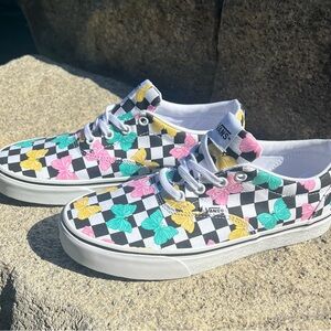 Vans Black and White Checkered Sneakers with Colorful Butterflies